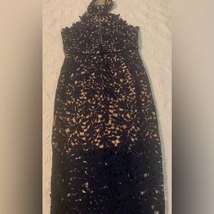 Lulu's Navy Floral Lace Midi Dress with Nude Lining